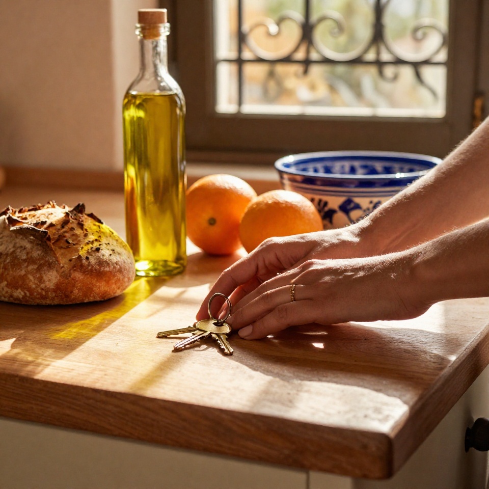 Крупный план рук пары на кухонной столешнице с продуктами и ключами от квартиры в Аликанте