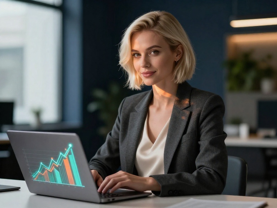 Уверенная женщина-специалист анализирует SEO-метрики на ноутбуке в современном офисе — символ эффективной оптимизации сайта